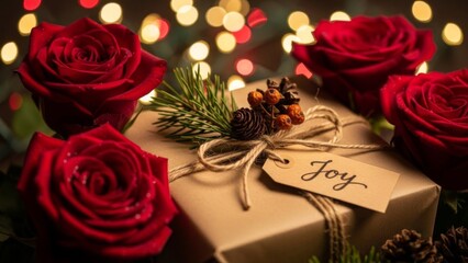 Gift box with roses and joy tag