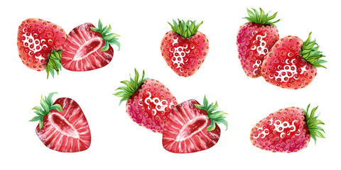A set of arrangements featuring red strawberries and green leaves. Several designs featuring ripe juicy strawberries in single file. Hand drawn watercolor illustration. Designs for packing cosmetics, 