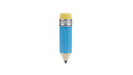 3D Blue pencil with yellow eraser and silver ferrule on transparent background