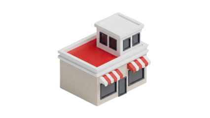 3D Isometric cartoon building with red awning and roof on transparent background