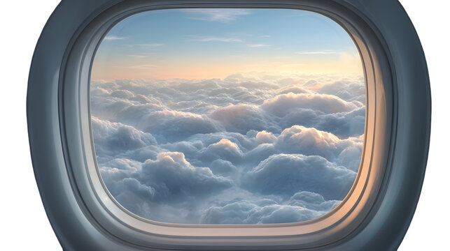 Stunning view looking out of an airplane window directly above a vast sea of thick, soft white and gray cumulus clouds during sunrise or sunset lighting conditions.