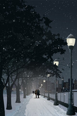 Cityscape with snowfall in winter at night vertical template have people in the public park