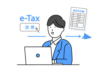 ノートパソコンを使ってイータックスを利用する男性のイメージイラスト