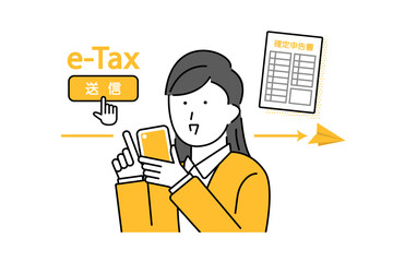 スマホを使ってイータックスを利用する女性のイメージイラスト