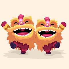 Happy Twin Chinese Lions Dancing and Celebrating Lunar New Year, Flat Design.