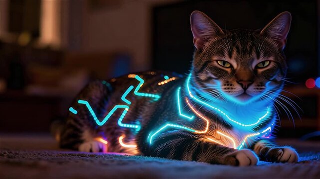  Un gato doméstico cuyo pelaje tiene patrones de luz LED biológica 