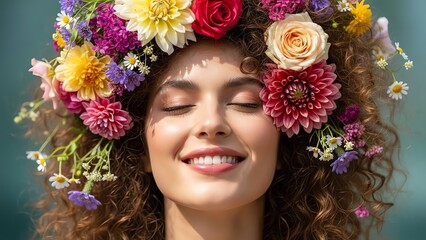 Woman with floral headpiece smiling with eyes closed