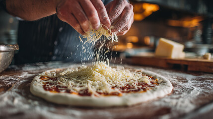Close up of a chef preparing pizza by sprinkling shredded cheese over fresh dough in a kitchen, capturing authentic Italian cooking, texture, and artisanal food preparation.