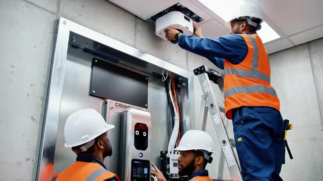 Three technicians in safety gear installing security camera on wall in industrial setting