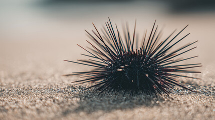 Close up photo of a single dark sea urchin resting on the beach edge, showing sharp spines and natural marine texture in a minimal coastal setting.