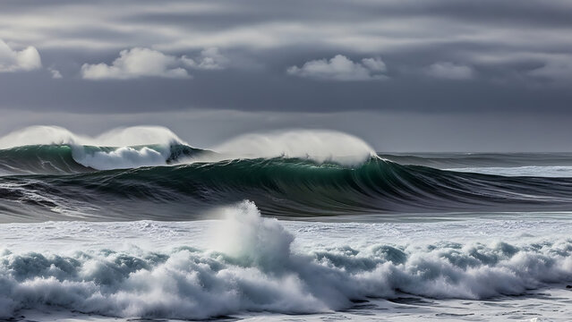 Powerful ocean waves crashing on a stormy day with dramatic clouds