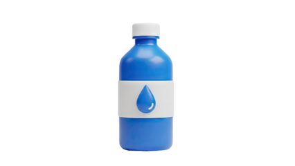 3D Blue water bottle with a water drop logo on transparent background