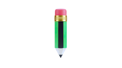 3D Bright Green Pencil with Pink Eraser and Gold Ferrule on transparent background
