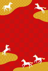 赤い市松模様の背景に和柄の金雲と白馬の縦フレーム