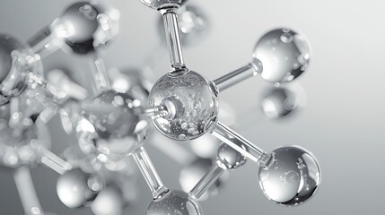 A high-resolution digital rendering of interconnected metallic and glass-like spheres representing a complex chemical bond. Modern scientific art symbolizing nanotechnology,