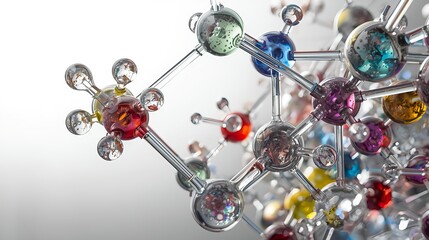 A high-resolution digital rendering of complex, interconnected spheres in various bright colors representing atoms and chemical bonds. Modern scientific art symbolizing diverse chemical research, mole