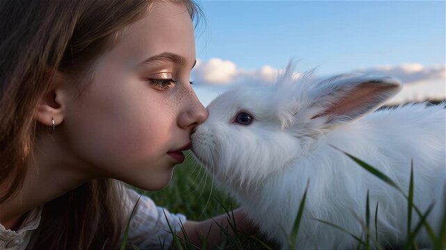 Ni&ntilde;a Adolecente  tocando su nariz con la de un conejito 