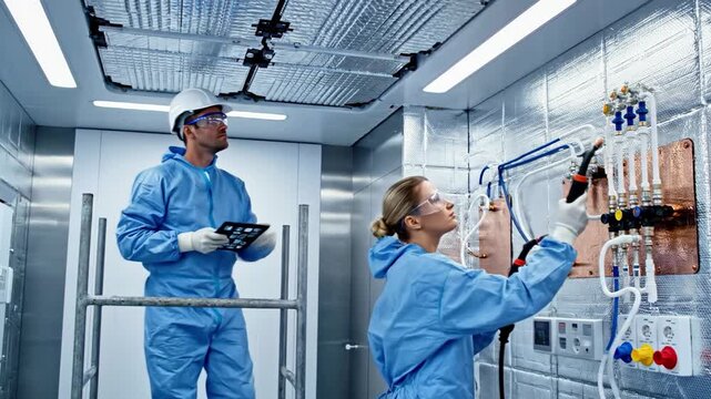 Two lab technicians in blue hazmat suits working in a high-containment laboratory facility with equipment and machinery