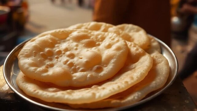 Crispy poori stacks offered as a delectable street food experience in India vibrant scenes