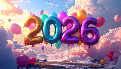 Colorful 2026 Foil Balloons Celebrate New Year in a Dreamy Pastel Sky with Clouds and Fantasy Landscape
