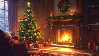 Cozy Christmas Living Room Scene with Decorated Tree, Glowing Fireplace, Festive Garland, and Presents