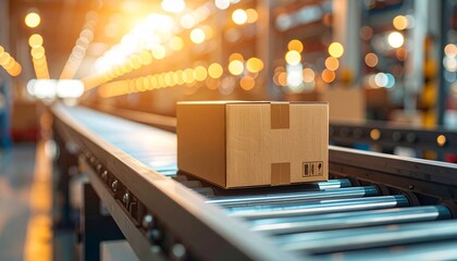 Cardboard box moving on industrial roller conveyor belt in a warehouse, representing logistics and shipping.
