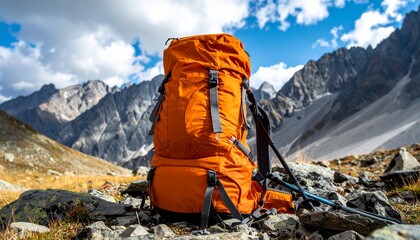 Bright orange hiking backpack and trekking poles on a rocky mountain path, showcasing outdoor adventure amidst majestic peaks and a blue sky.