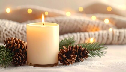 Cozy winter holiday scene with a glowing candle, natural pinecones, and blurred festive lights.