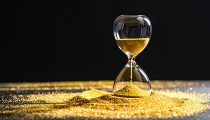 Hourglass with flowing golden glitter sand on a black background, symbolizing the passage of precious time.