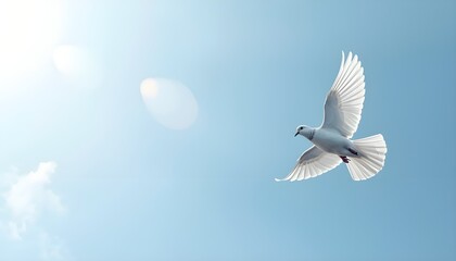 Photo of a white dove flying freely in a clear blue sky, symbolizing peace, freedom, hope, purity, spirituality, and harmony with soft natural light and copy space.