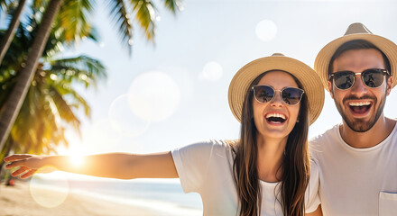 Happy couple enjoying vacation on sunny beach, wearing sunglasses and hats, surrounded by palm trees, capturing moments of joy and relaxation in a tropical paradise