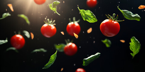 Fresh Cherry Tomatoes Falling with Leaves on Dark Background