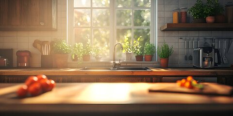 Bright Home Kitchen Interior with Wooden Island and Sunlight