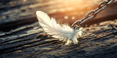 White Feather and Metal Chain on Wooden Surface in Warm Light