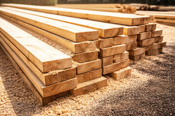 Stacks of Fresh Cut Timber Planks and Lumber at Wood Processing Site