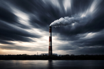 Industrial Chimney Emitting White Smoke Against Dramatic Stormy Sky