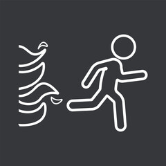 Isolated emergency exit minimal pictogram with running figure and flames, fire escape direction for building safety, evacuation guidance