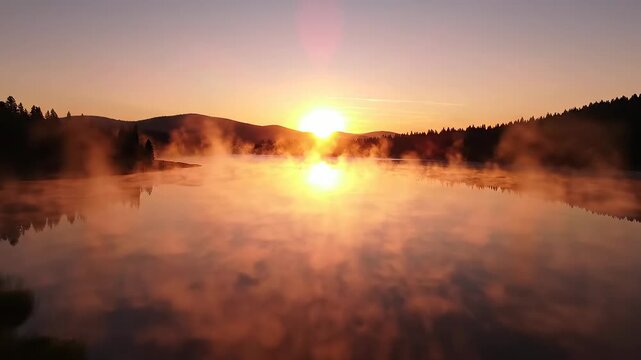 A breathtaking and tranquil sunrise illuminates the misty surface of a serene lake, casting warm golden and orange hues across the water, with silhouetted pine trees and rolling hills framing the maj.