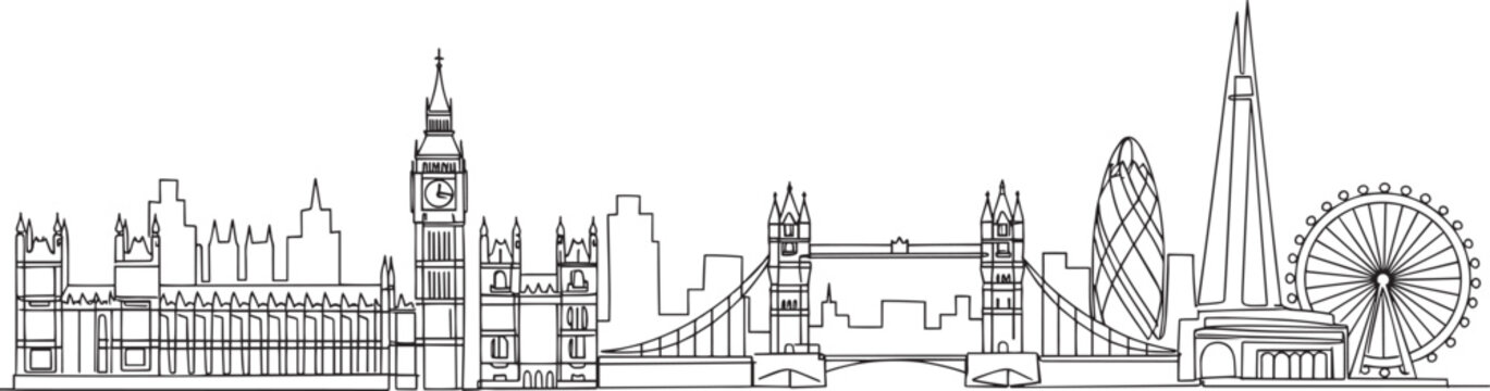 London city skyline continuous black single line art illustration isolated