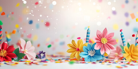 Colorful Paper Cut Flowers with Confetti on Light Background