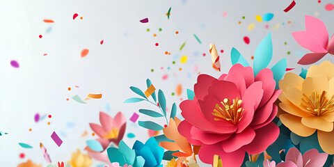Colorful Paper Cut Flowers with Confetti on Light Background