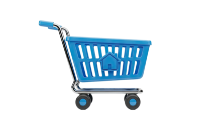 3D Blue Shopping Cart with House Symbol on transparent background