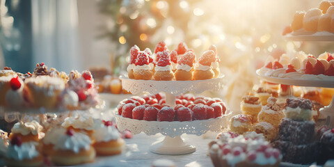 Elegant Dessert Table with Cakes and Pastries in Warm Festive Light