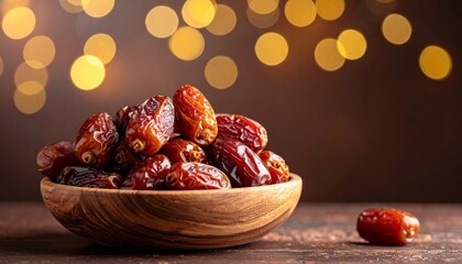 Dates in a wooden bowl with blurred golden bokeh lights in the background