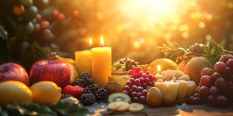 Festive Candlelit Dessert Table with Cakes and Warm Holiday Atmosphere