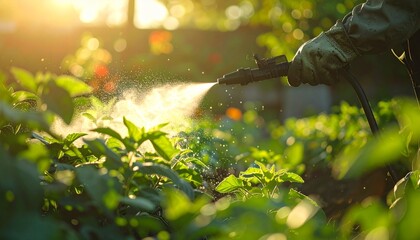Gardener in protective glove spraying water or pesticide on green plants with a nozzle in a sunlit garden during golden hour