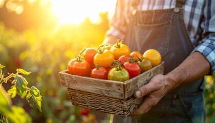 Farmer's hands holding a rustic wooden basket filled with fresh, colorful tomatoes in a sunlit garden during golden hour.