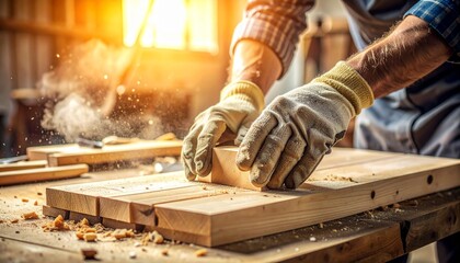Carpenter's hands in work gloves working with wood on a workbench, creating sawdust and wood chips under warm workshop light.