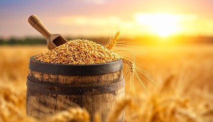 Golden wheat grains and wooden scoop in a rustic barrel, with ripe wheat ears, against a vibrant sunset over a sprawling harvest field.