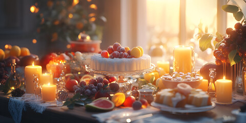 Festive Candlelit Dessert Table with Cakes and Warm Holiday Atmosphere